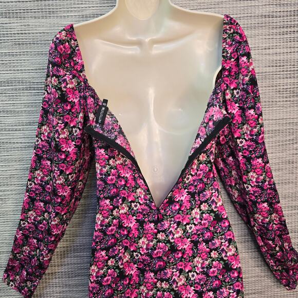 Pretty Little Thing Dress Womens Black Pink Floral Bow Slit Bodycon Cottagecore - Picture 4 of 13